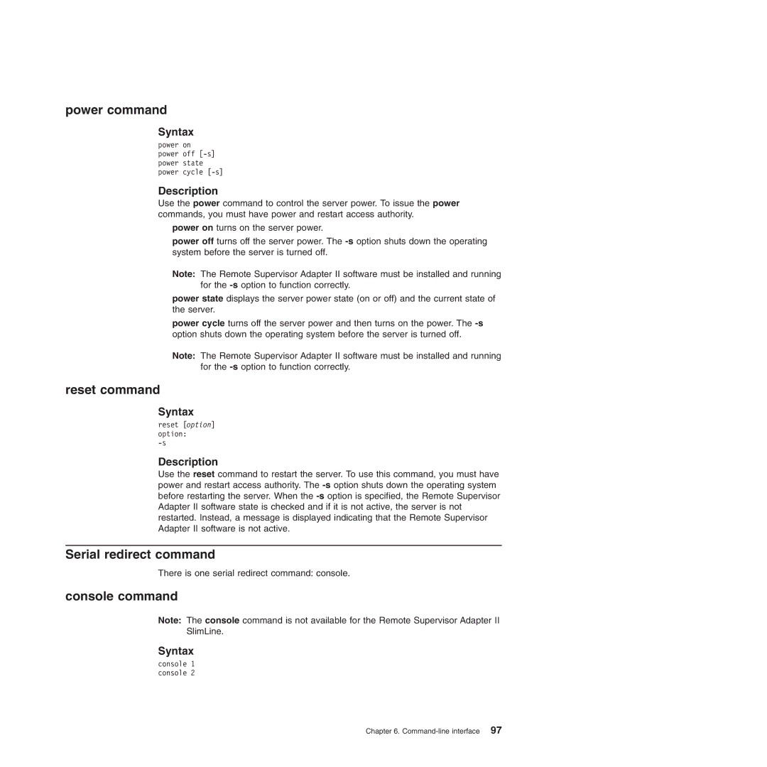 IBM Remote Supervisor Adapter II manual Power command, Reset command, Serial redirect command, Console command 