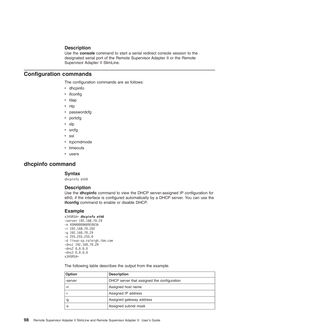 IBM Remote Supervisor Adapter II manual Configuration commands, Dhcpinfo command, Option Description 