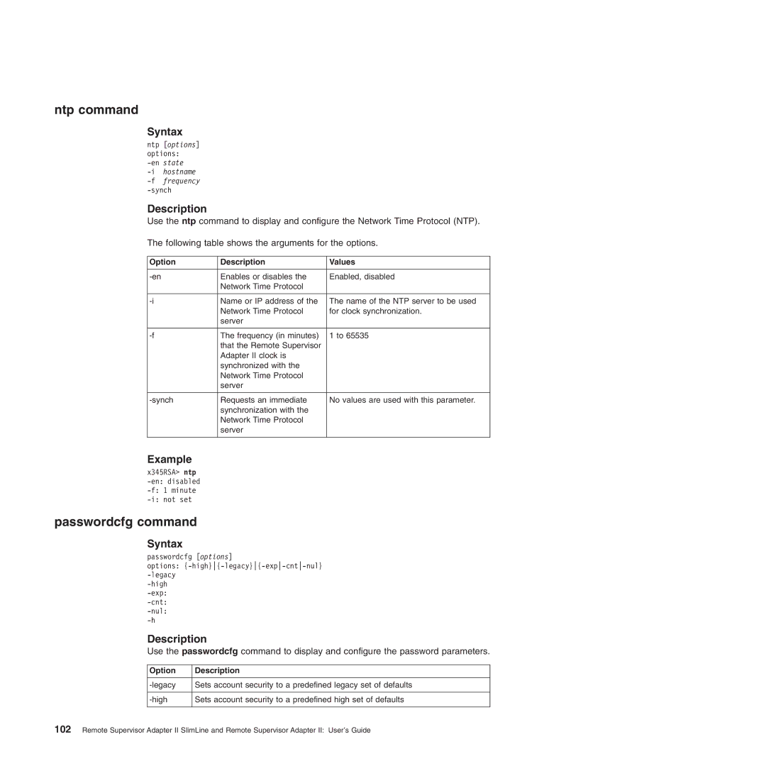 IBM Remote Supervisor Adapter II manual Ntp command, Passwordcfg command 