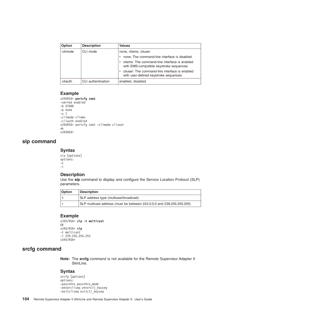 IBM Remote Supervisor Adapter II manual Slp command, Srcfg command 