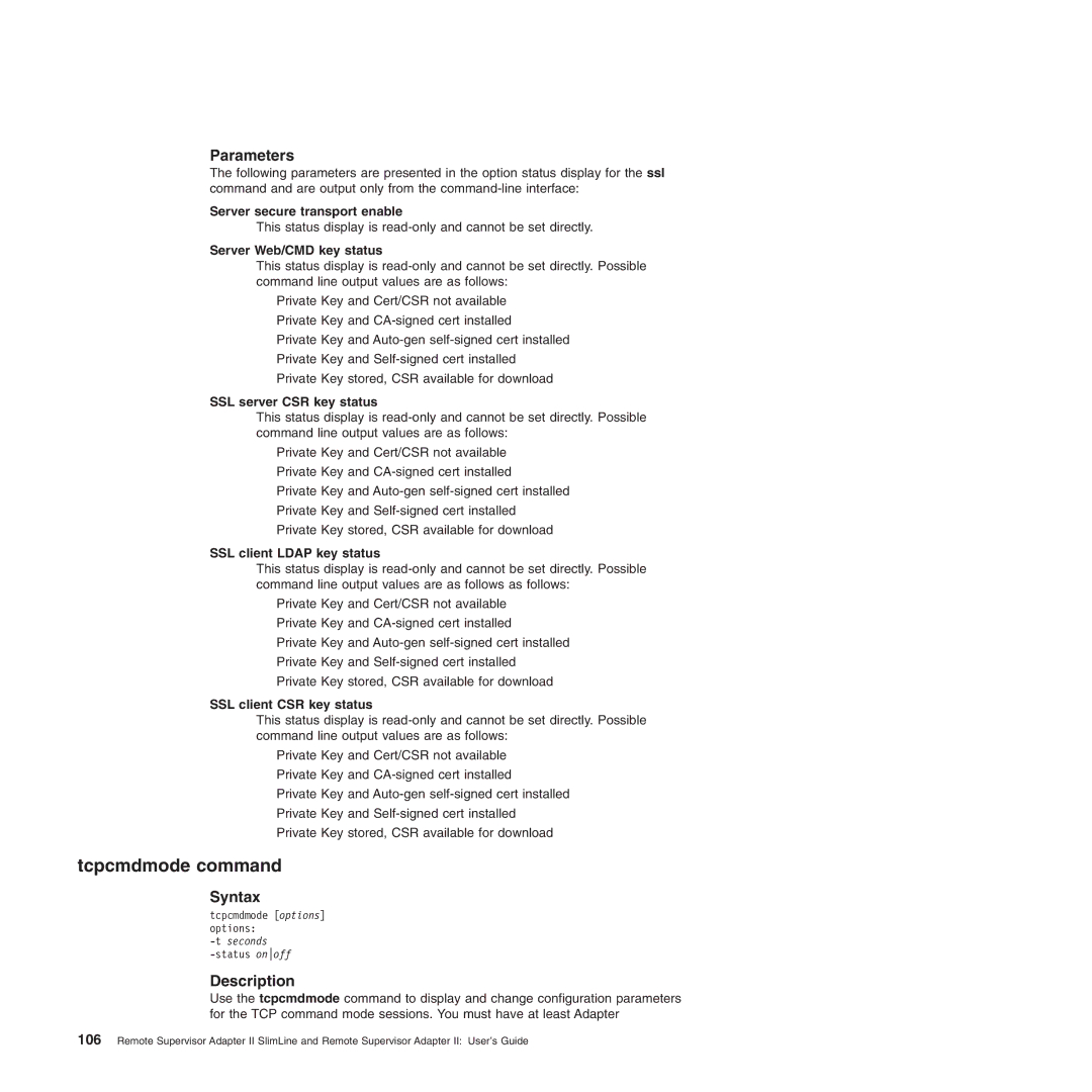 IBM Remote Supervisor Adapter II manual Tcpcmdmode command 