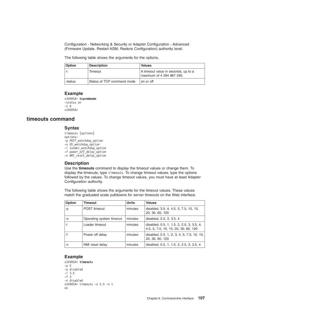 IBM Remote Supervisor Adapter II manual Timeouts command, Option Timeout Units Values 