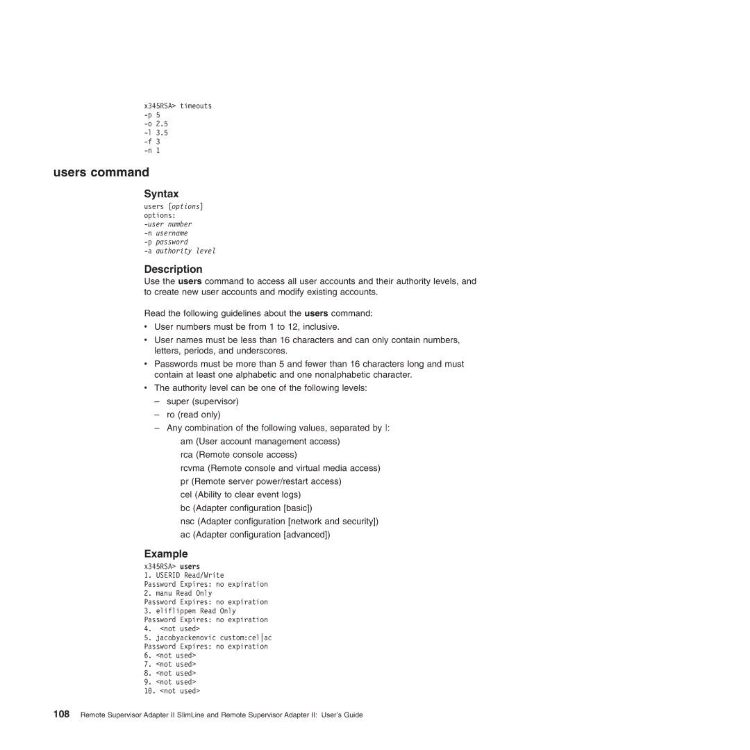 IBM Remote Supervisor Adapter II manual Users command 