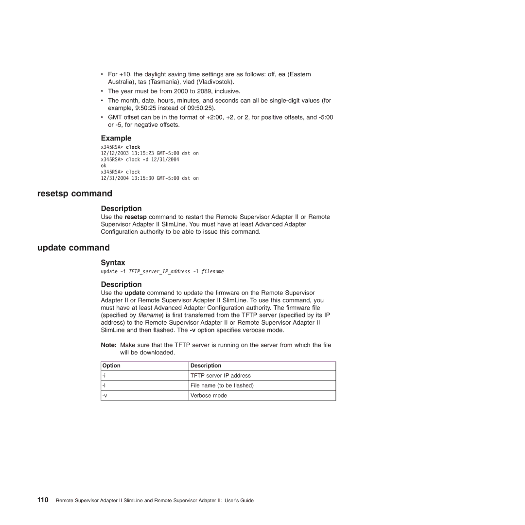 IBM Remote Supervisor Adapter II manual Resetsp command, Update command 