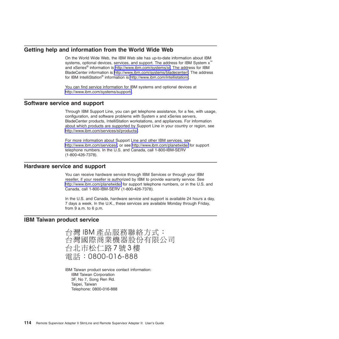 IBM Remote Supervisor Adapter II manual Getting help and information from the World Wide Web, IBM Taiwan product service 