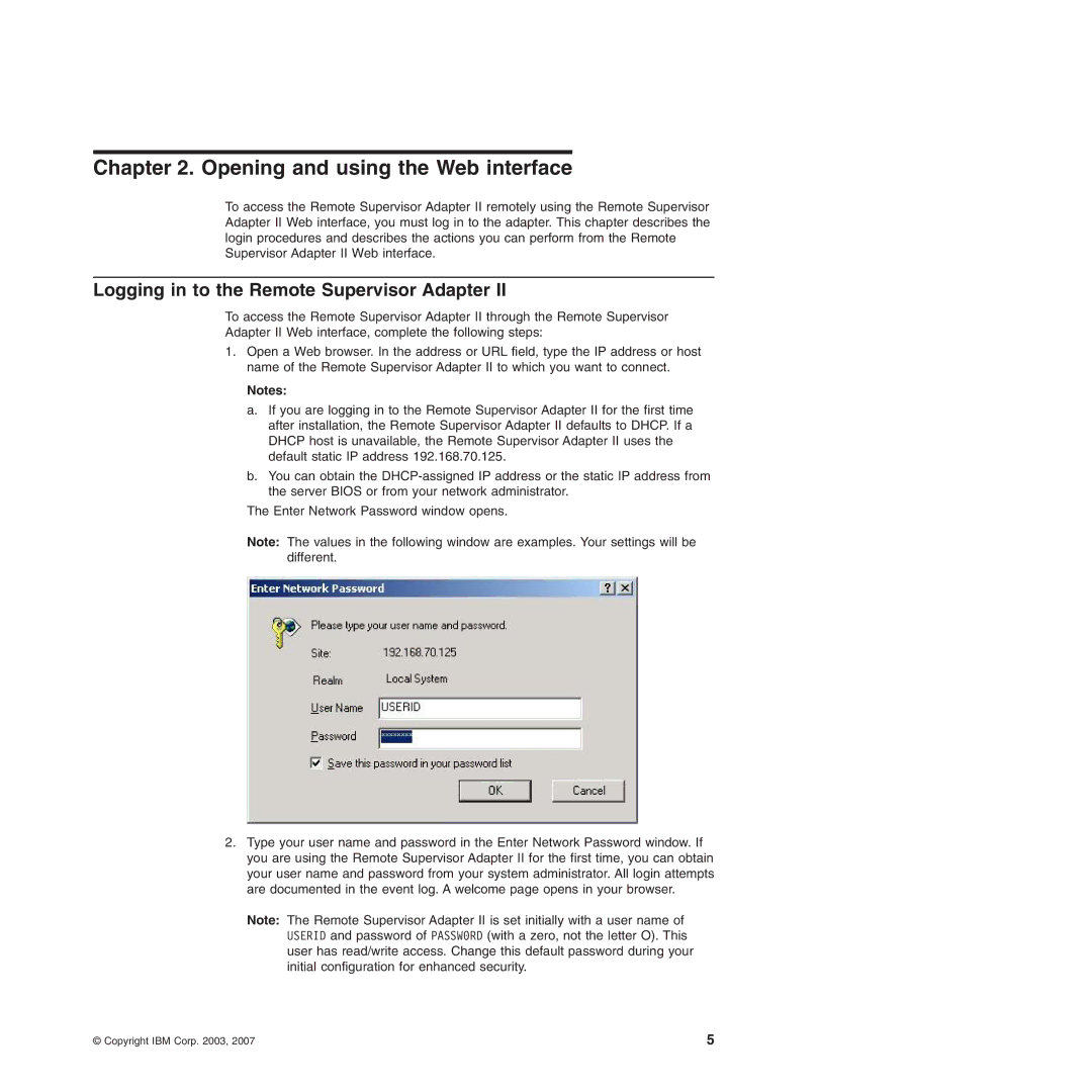 IBM Remote Supervisor Adapter II manual Opening and using the Web interface, Logging in to the Remote Supervisor Adapter 