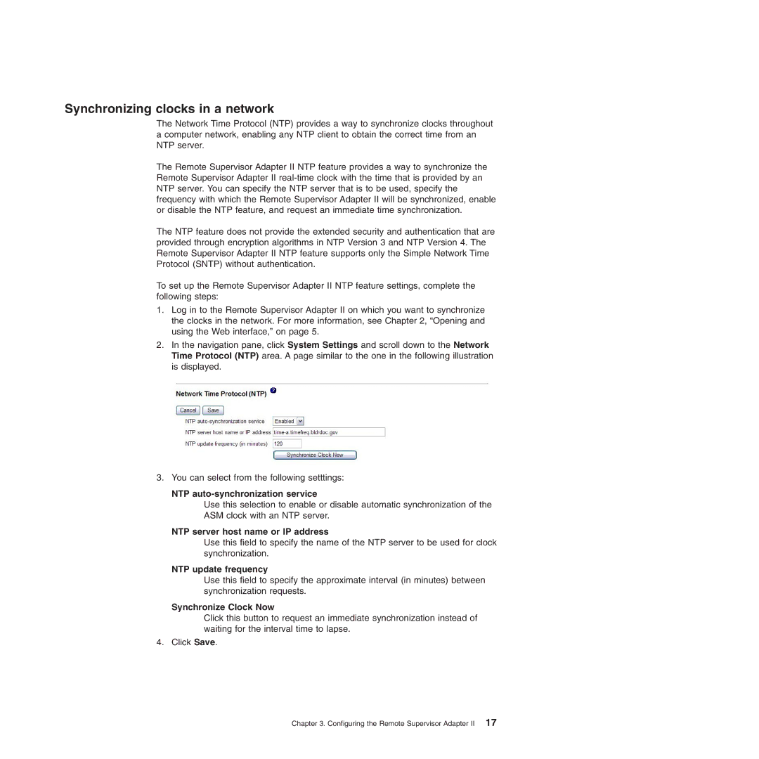 IBM Remote Supervisor Adapter II Synchronizing clocks in a network, NTP auto-synchronization service, NTP update frequency 