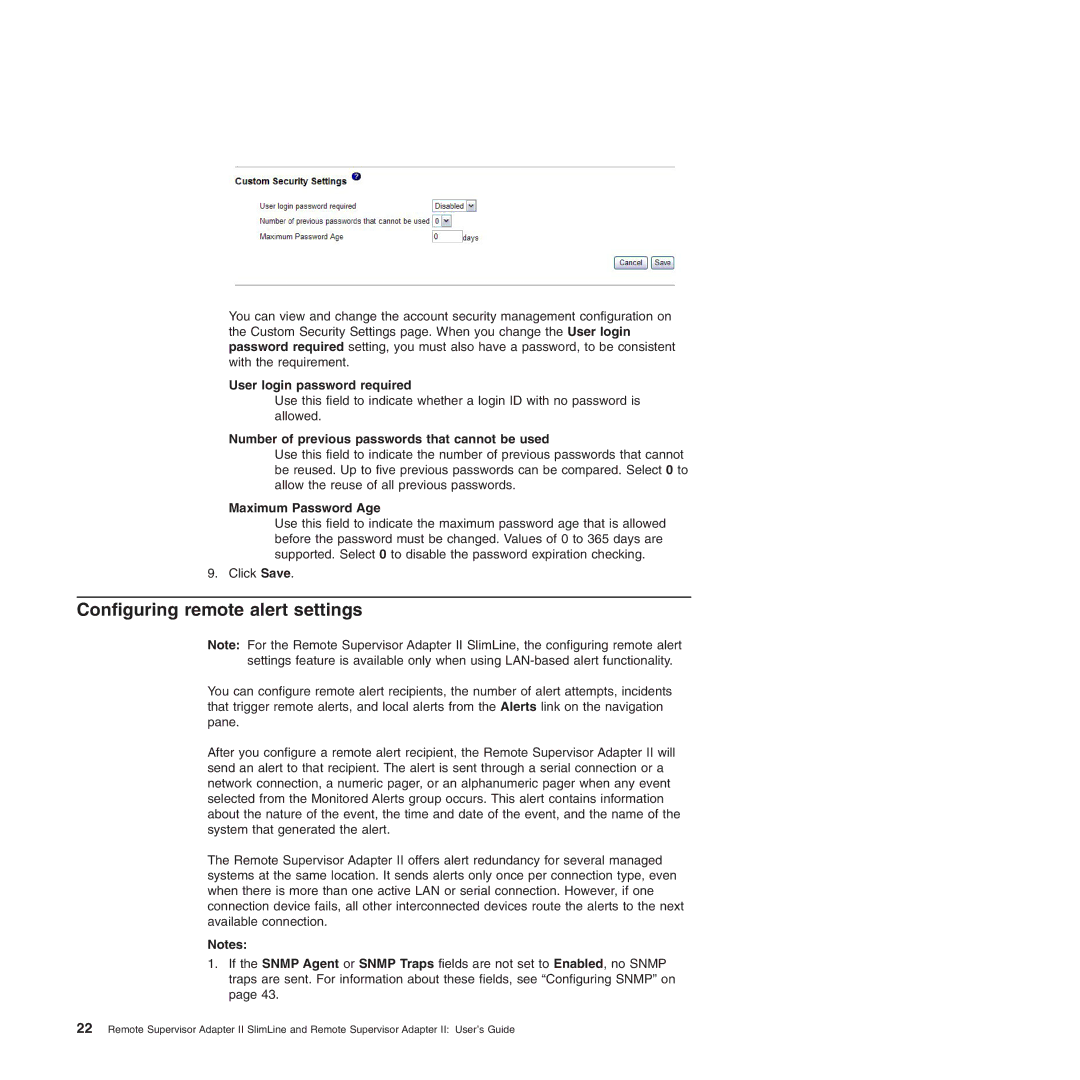 IBM Remote Supervisor Adapter II Configuring remote alert settings, User login password required, Maximum Password Age 