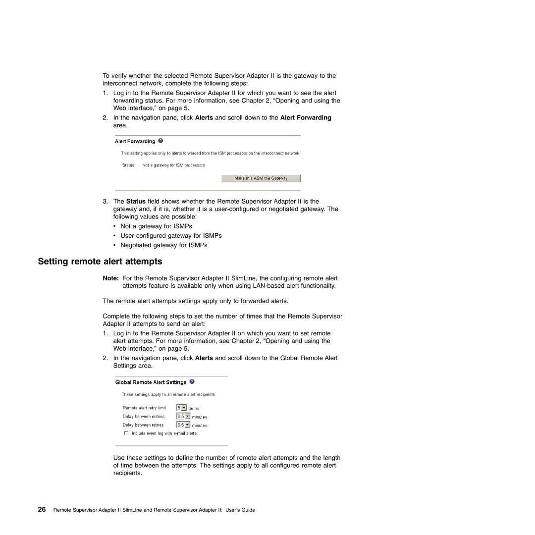 IBM Remote Supervisor Adapter II manual Setting remote alert attempts 