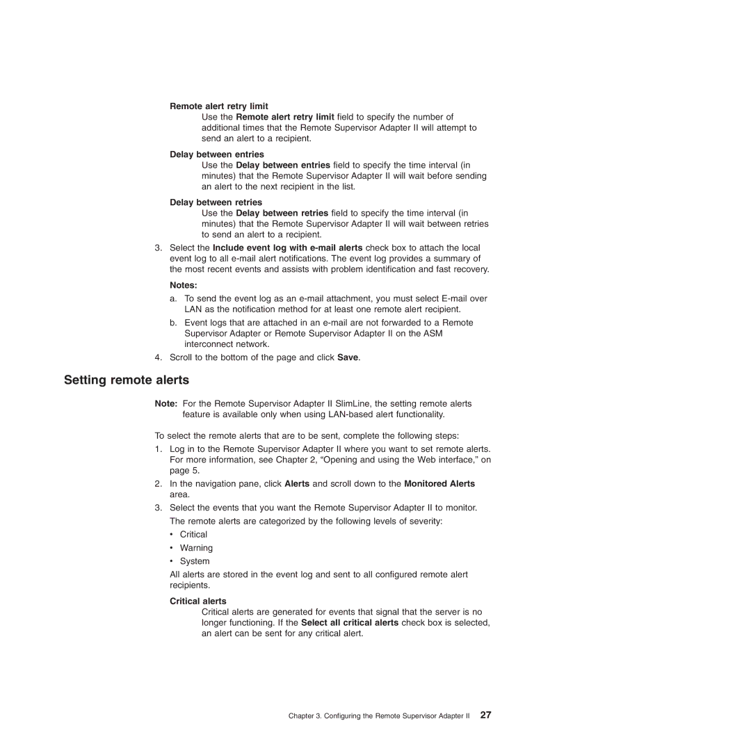 IBM Remote Supervisor Adapter II Setting remote alerts, Remote alert retry limit, Delay between entries, Critical alerts 