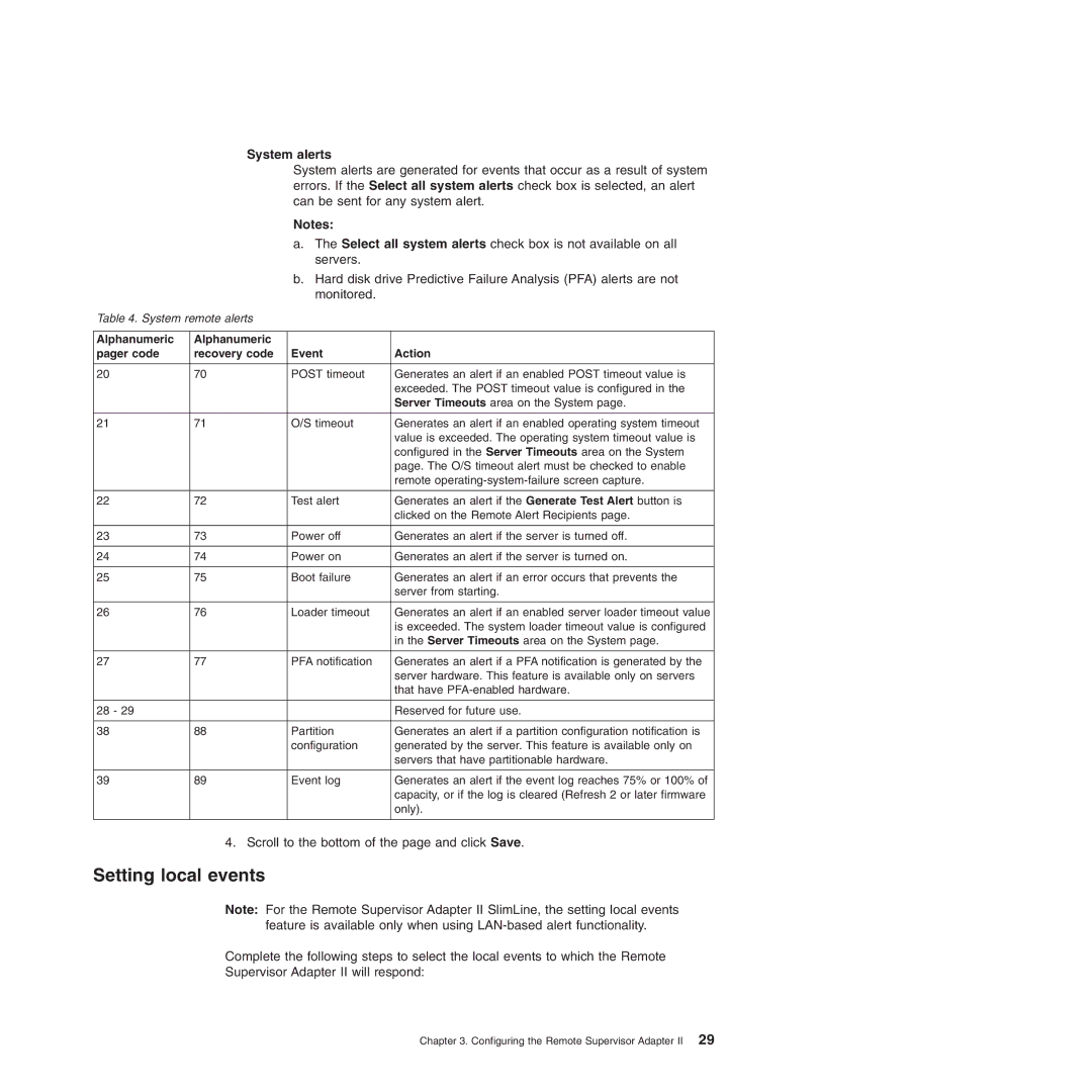 IBM Remote Supervisor Adapter II manual Setting local events, System alerts 