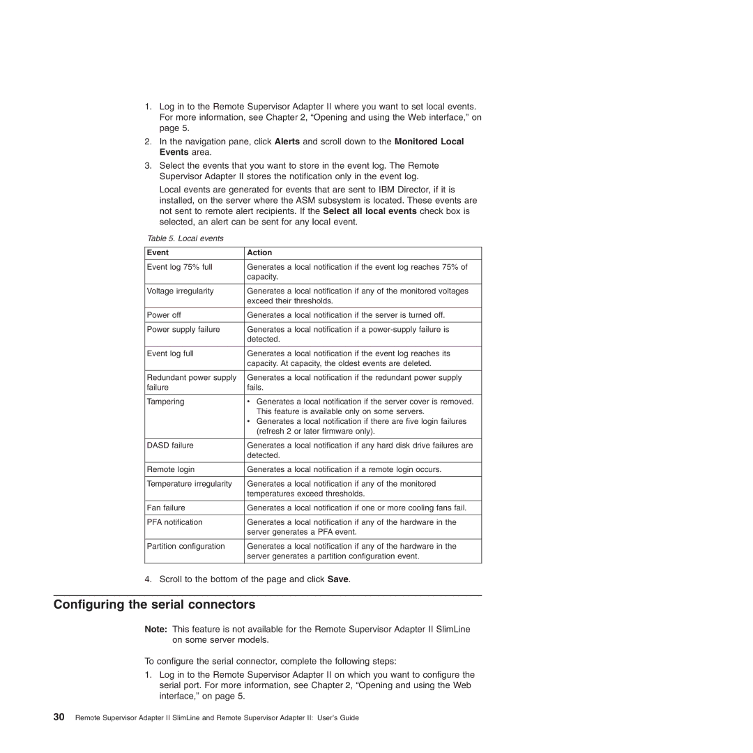 IBM Remote Supervisor Adapter II manual Configuring the serial connectors, Event Action 