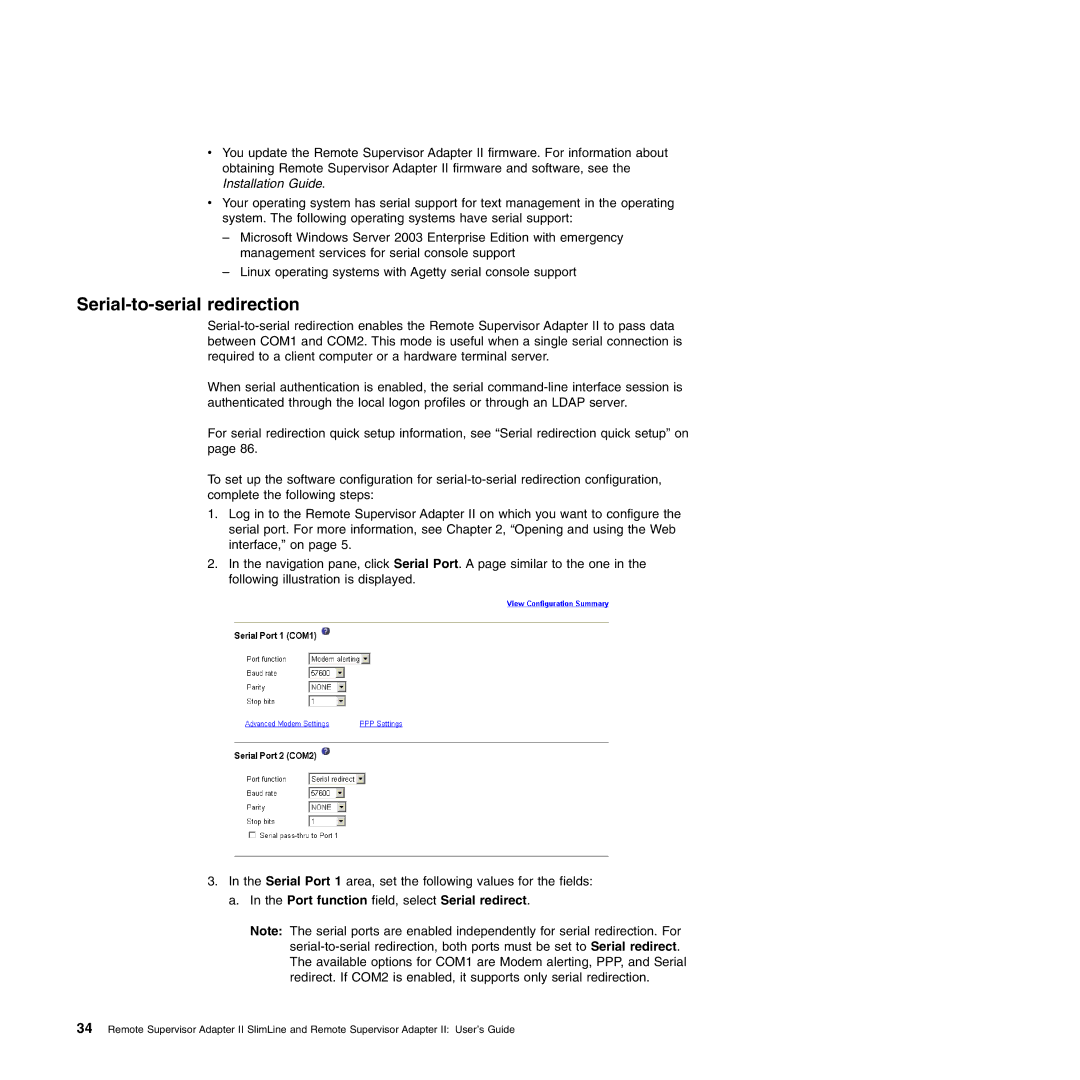 IBM Remote Supervisor Adapter II manual Serial-to-serial redirection, Port function field, select Serial redirect 