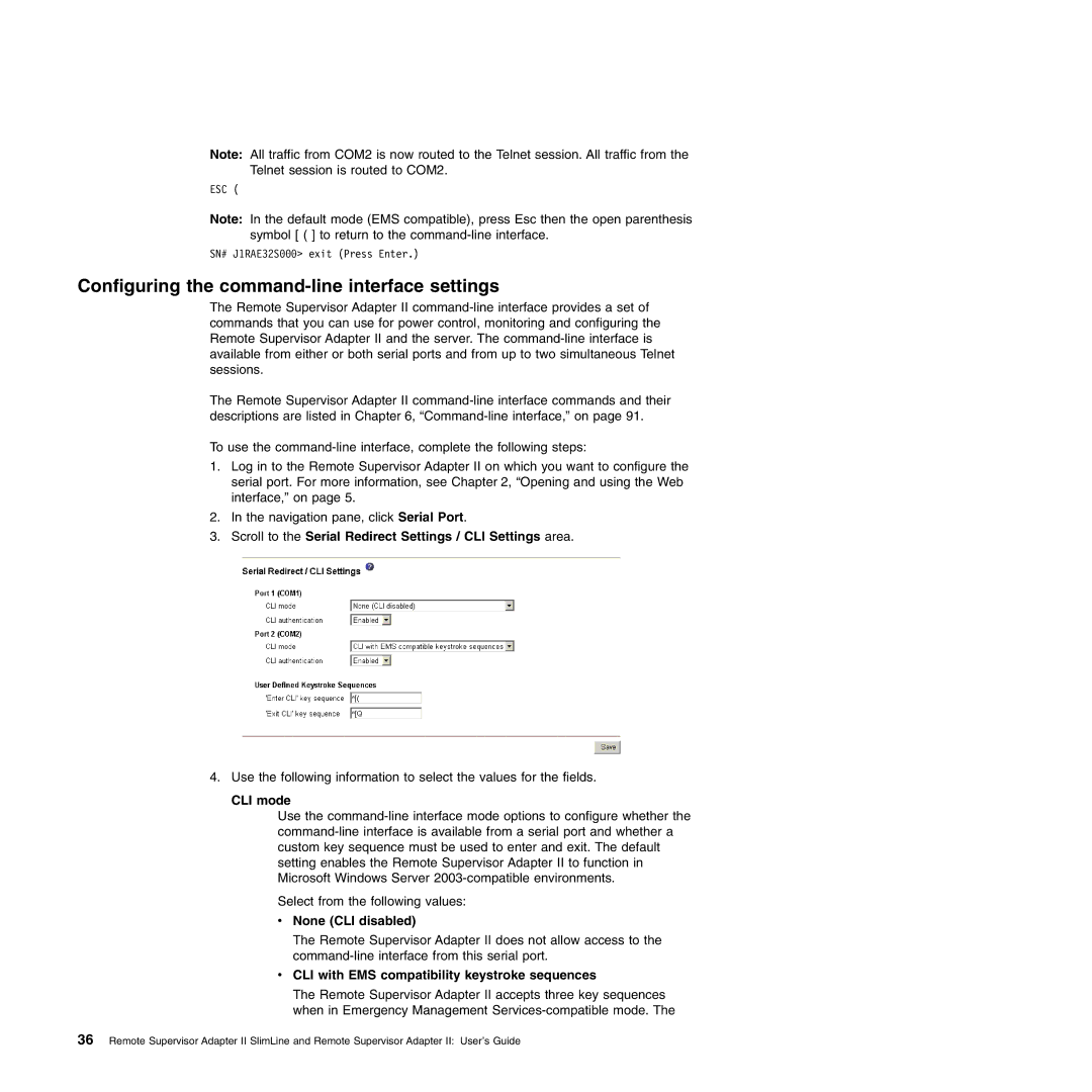 IBM Remote Supervisor Adapter II manual Configuring the command-line interface settings, CLI mode, None CLI disabled 