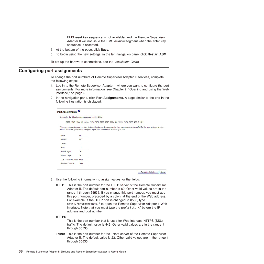 IBM Remote Supervisor Adapter II manual Configuring port assignments, Https 