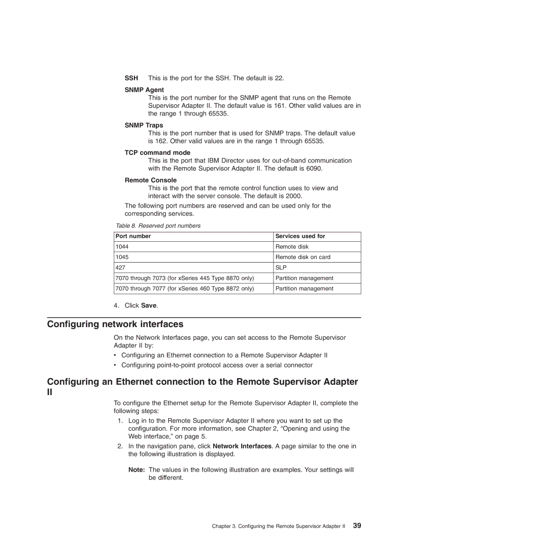 IBM Remote Supervisor Adapter II Configuring network interfaces, Snmp Agent, Snmp Traps, TCP command mode, Remote Console 