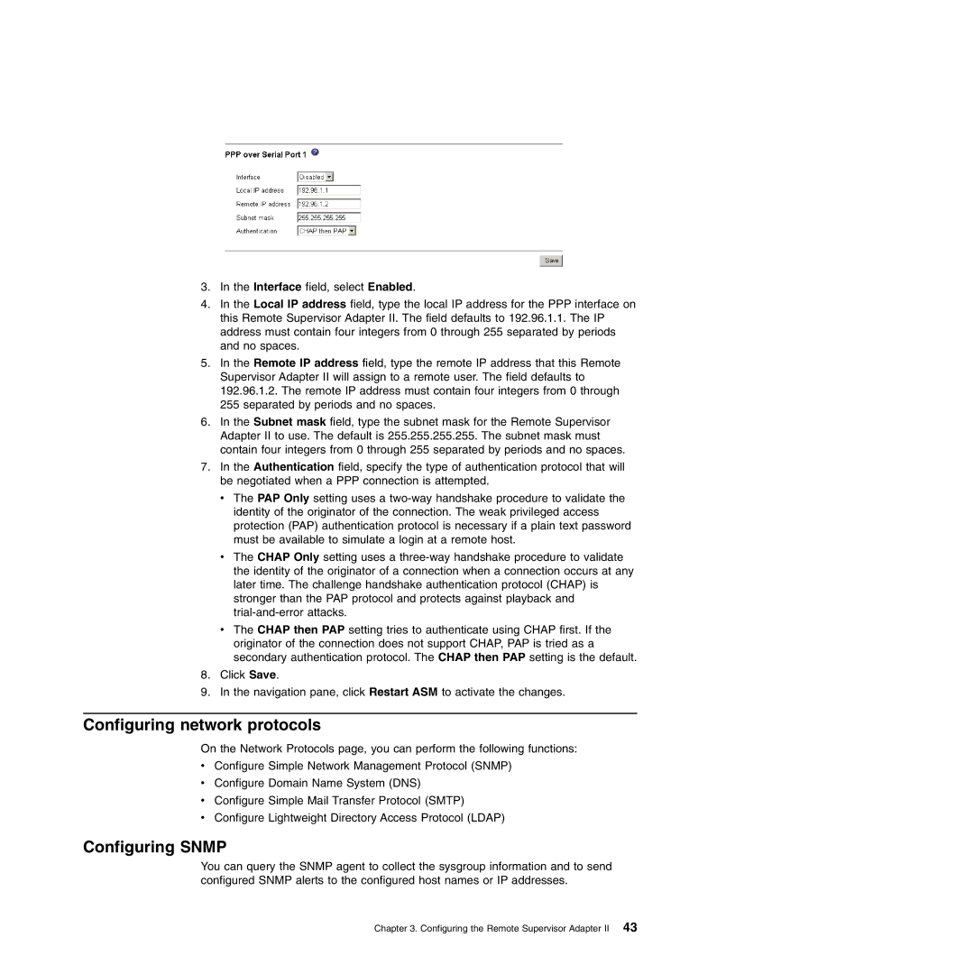 IBM Remote Supervisor Adapter II manual Configuring network protocols, Configuring Snmp 