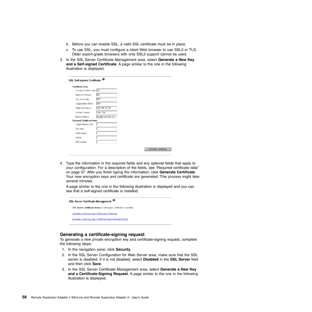 IBM Remote Supervisor Adapter II manual Generating a certificate-signing request 