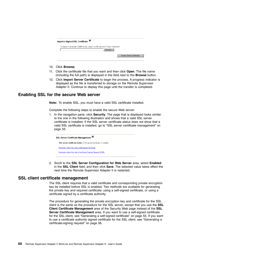 IBM Remote Supervisor Adapter II manual Enabling SSL for the secure Web server, SSL client certificate management 