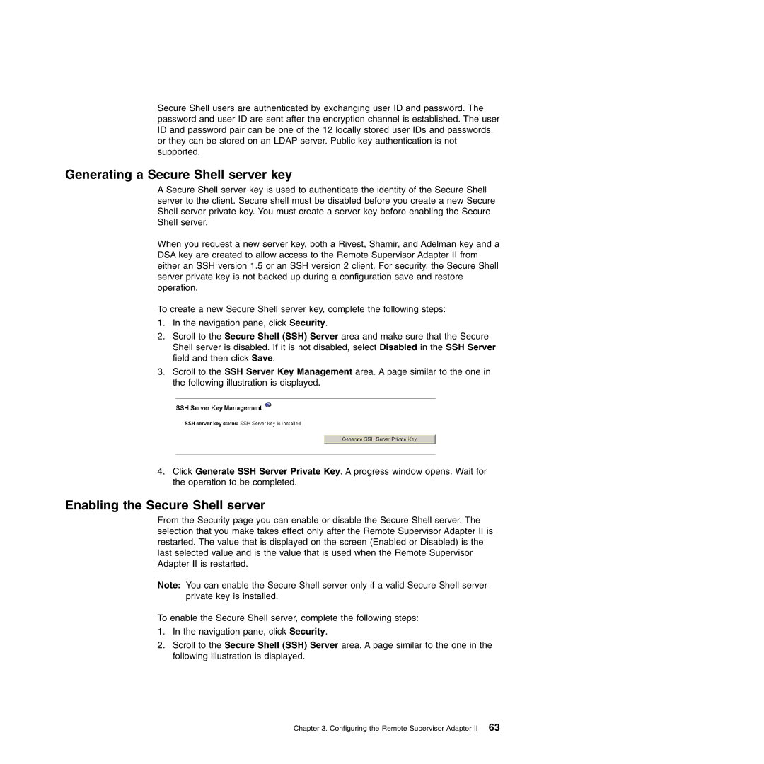 IBM Remote Supervisor Adapter II manual Generating a Secure Shell server key, Enabling the Secure Shell server 