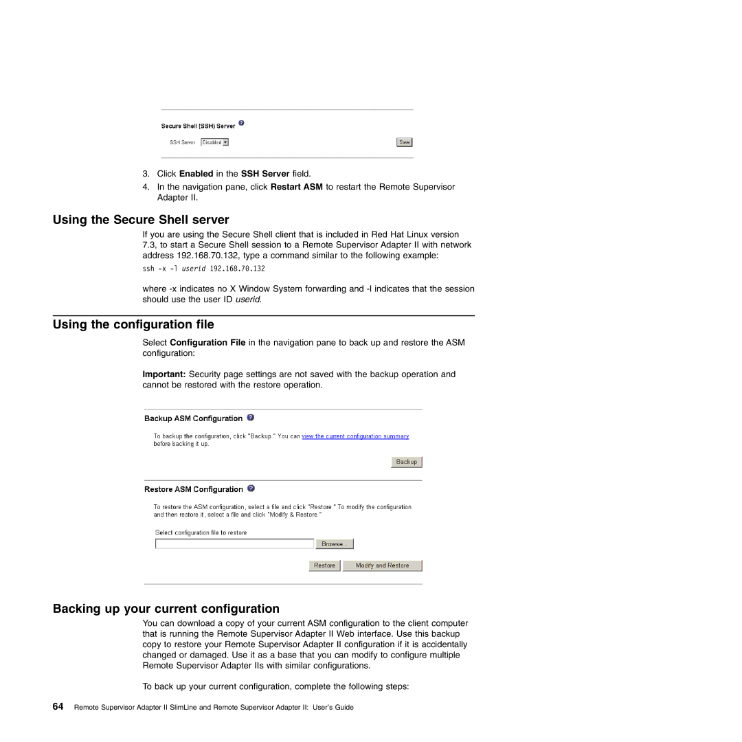 IBM Remote Supervisor Adapter II manual Using the Secure Shell server, Using the configuration file 