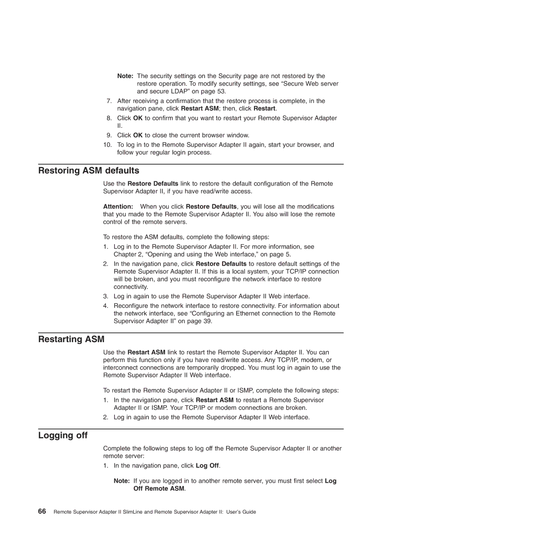 IBM Remote Supervisor Adapter II manual Restoring ASM defaults, Restarting ASM, Logging off 