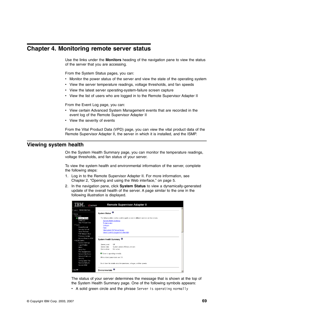 IBM Remote Supervisor Adapter II manual Monitoring remote server status, Viewing system health 