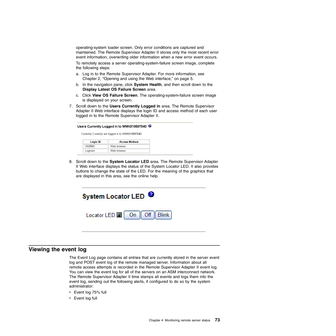 IBM Remote Supervisor Adapter II manual Viewing the event log 