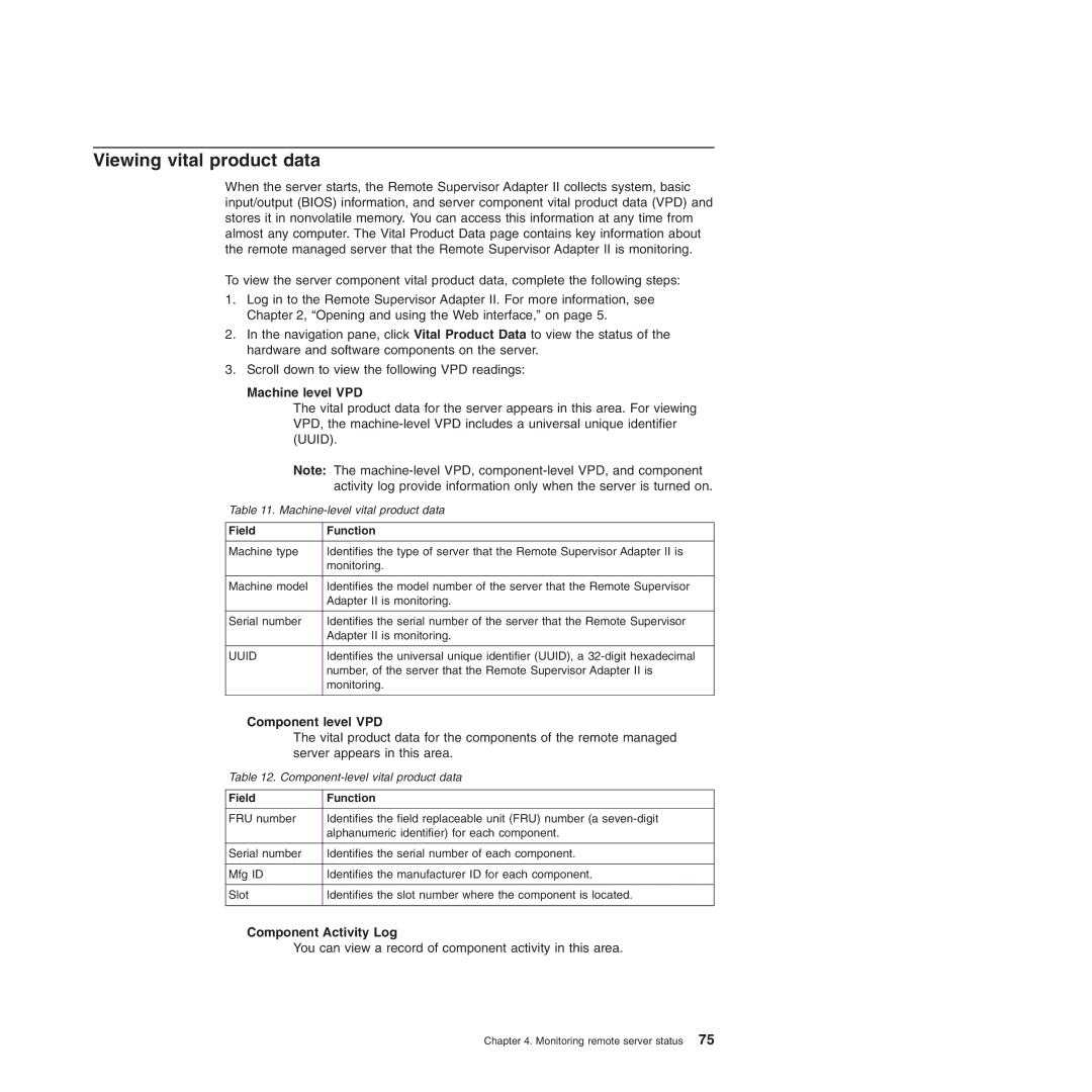 IBM Remote Supervisor Adapter II manual Viewing vital product data, Machine level VPD, Component level VPD 