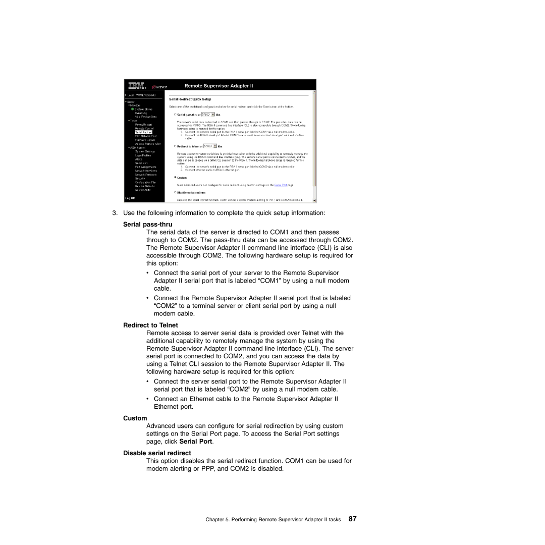 IBM Remote Supervisor Adapter II manual Serial pass-thru, Redirect to Telnet, Disable serial redirect 