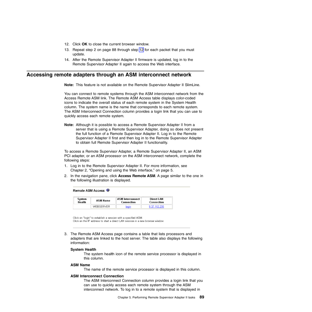 IBM Remote Supervisor Adapter II manual System Health, ASM Name, ASM Interconnect Connection 