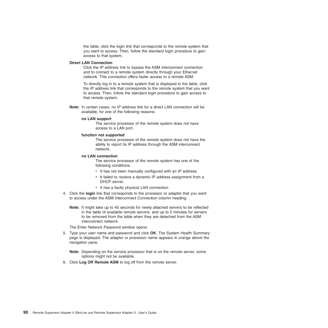 IBM Remote Supervisor Adapter II manual Direct LAN Connection, No LAN support, Function not supported, No LAN connection 