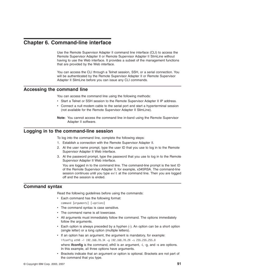 IBM Remote Supervisor Adapter II manual Accessing the command line, Logging in to the command-line session, Command syntax 