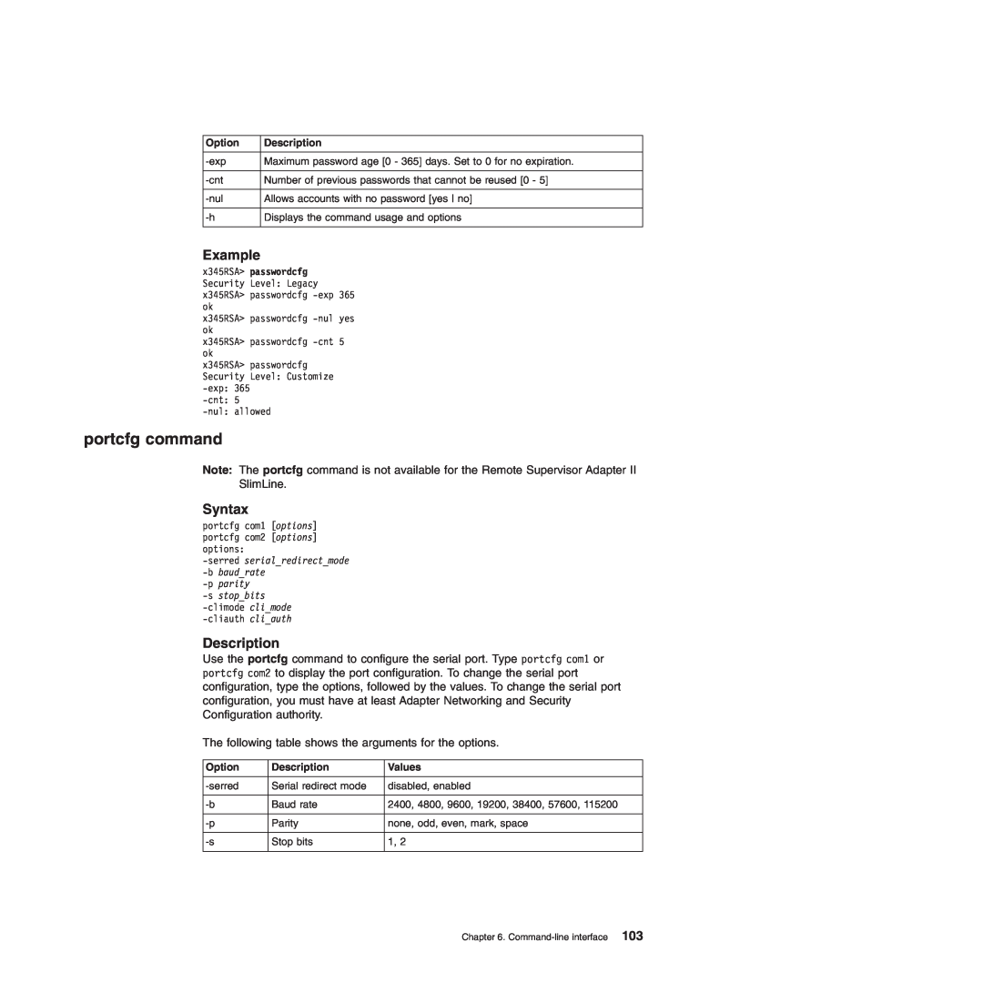 IBM Remote Supervisor Adapter II manual portcfg command, Example, Syntax, Description, climode climode -cliauth cliauth 