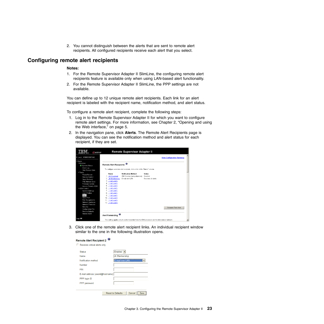IBM Remote Supervisor Adapter II manual Configuring remote alert recipients 