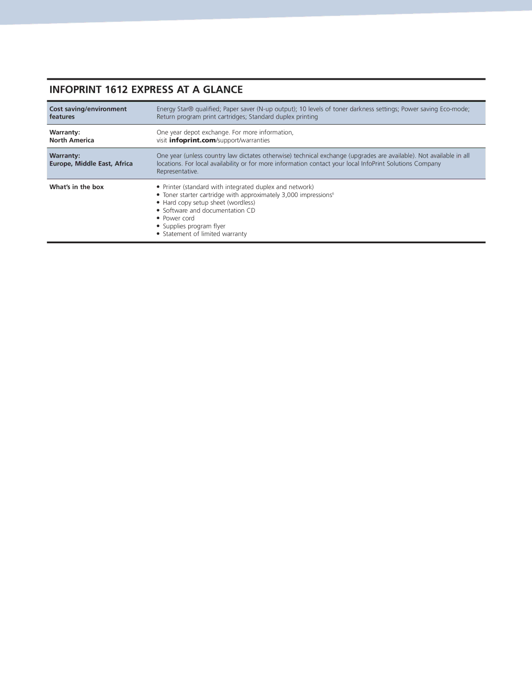 IBM Ricoh 1612 manual Cost saving/environment, Features, North America Warranty, Europe, Middle East, Africa 