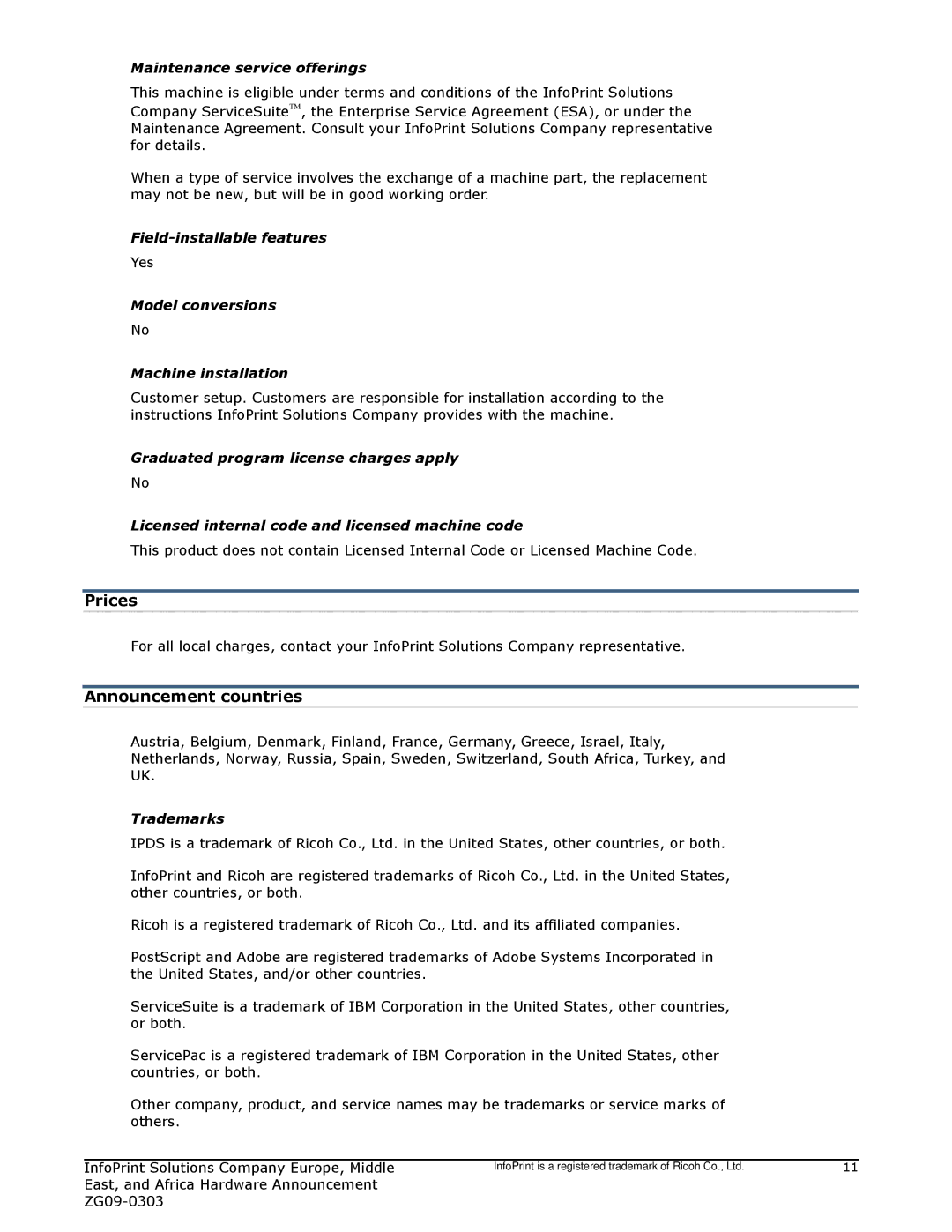 IBM Ricoh 1985 manual Prices, Announcement countries 