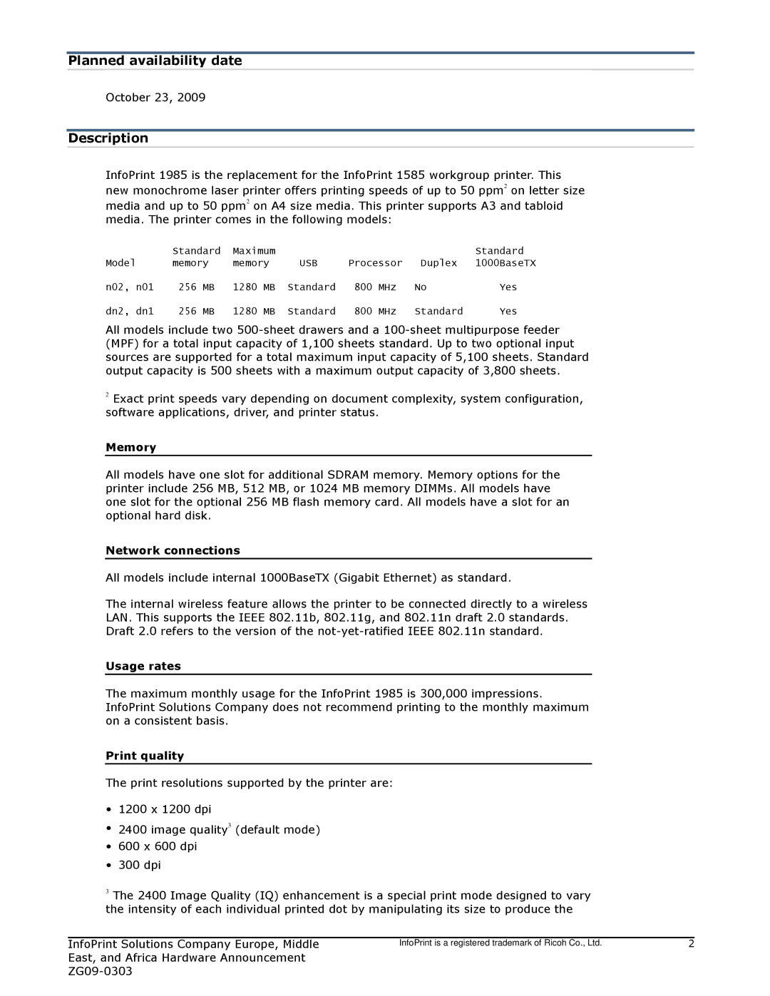 IBM Ricoh 1985 manual Planned availability date, Description, Usb 