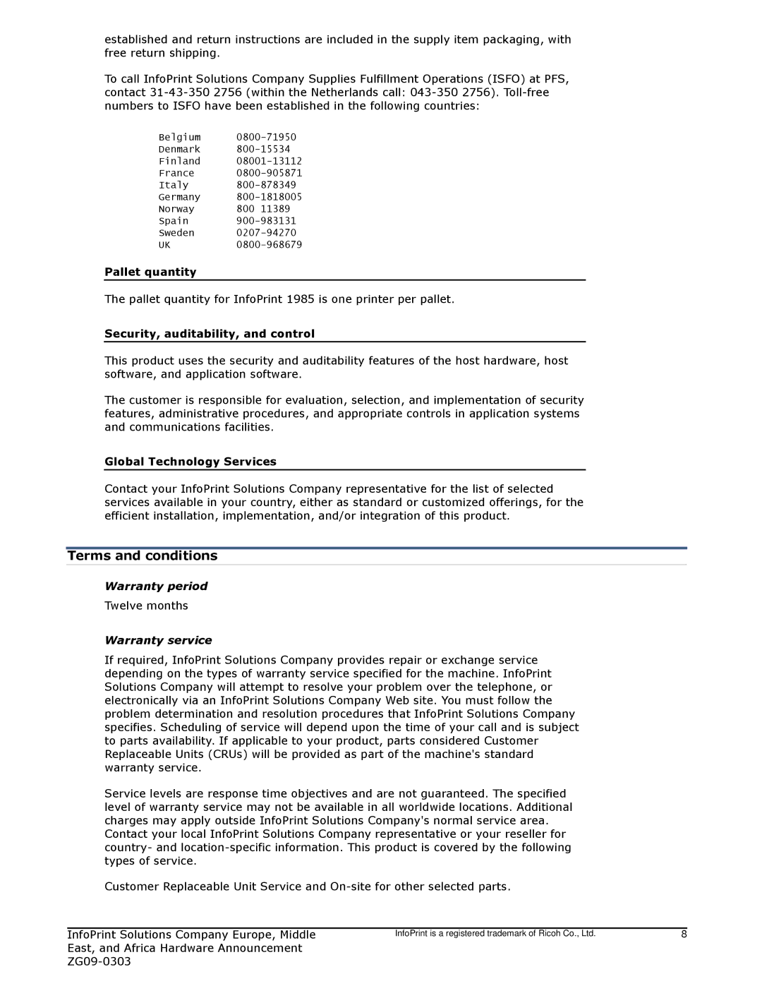 IBM Ricoh 1985 manual Terms and conditions, Warranty period, Warranty service 