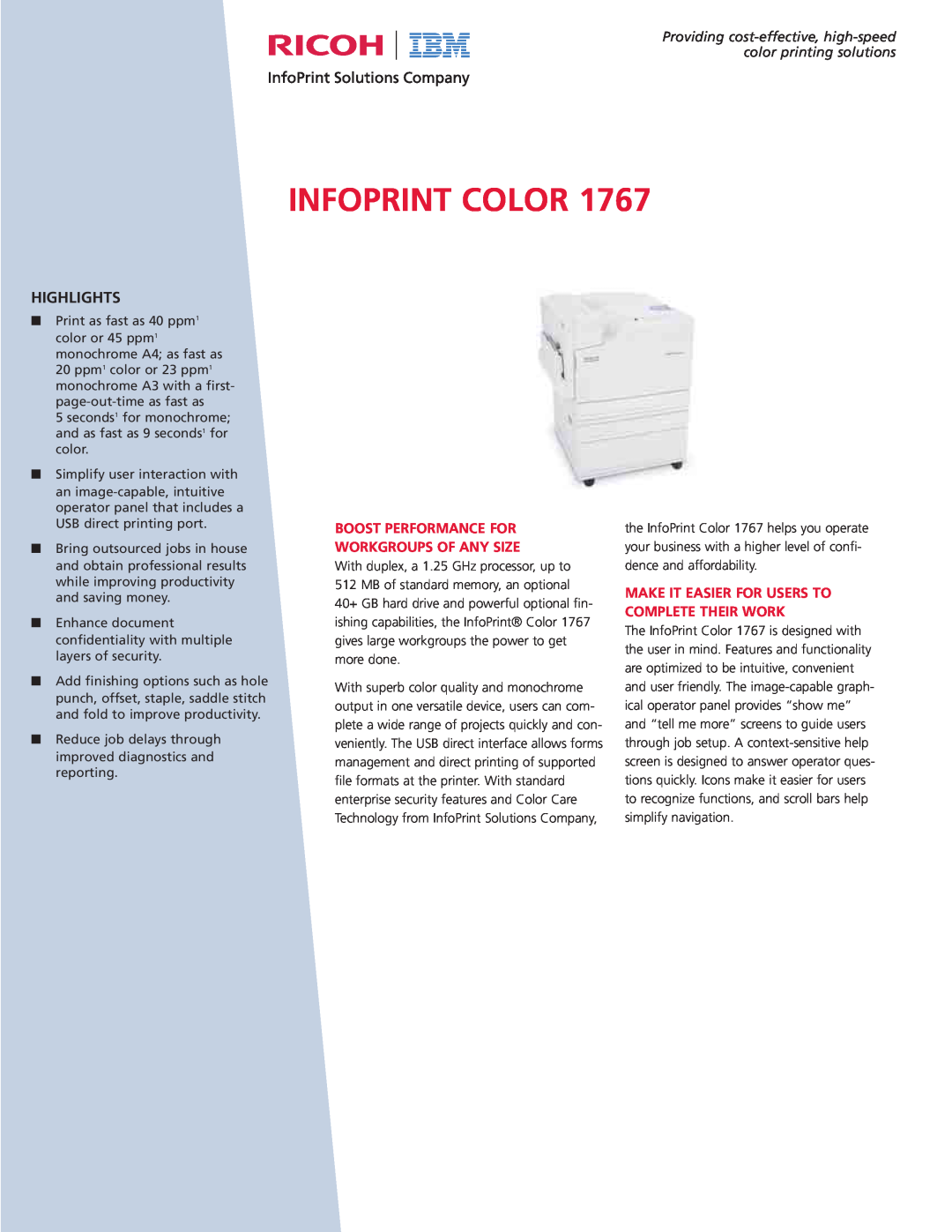 IBM Ricoh COLOR 1767 manual Boost Performance For Workgroups Of Any Size, Make It Easier For Users To Complete Their Work 