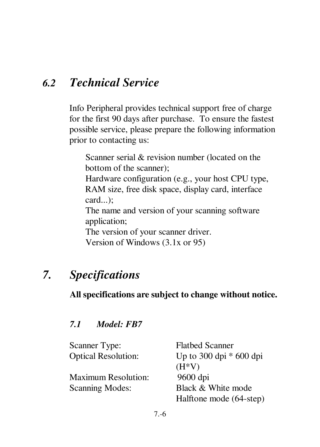 IBM Ricoh FB735 Technical Service, Specifications, All specifications are subject to change without notice, Model FB7 