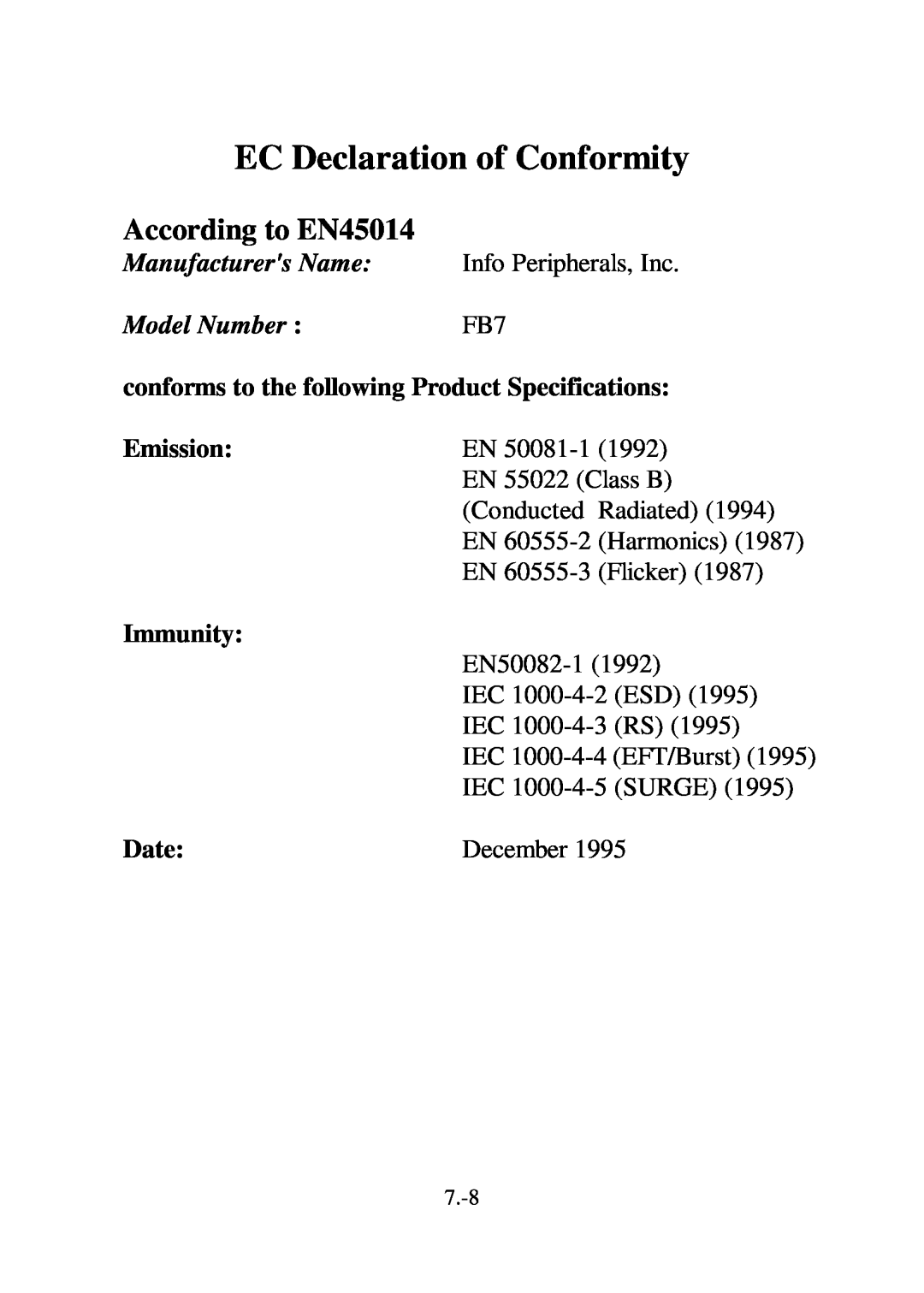 IBM Ricoh FB735 EC Declaration of Conformity, According to EN45014, Manufacturers Name, Info Peripherals, Inc, Date 