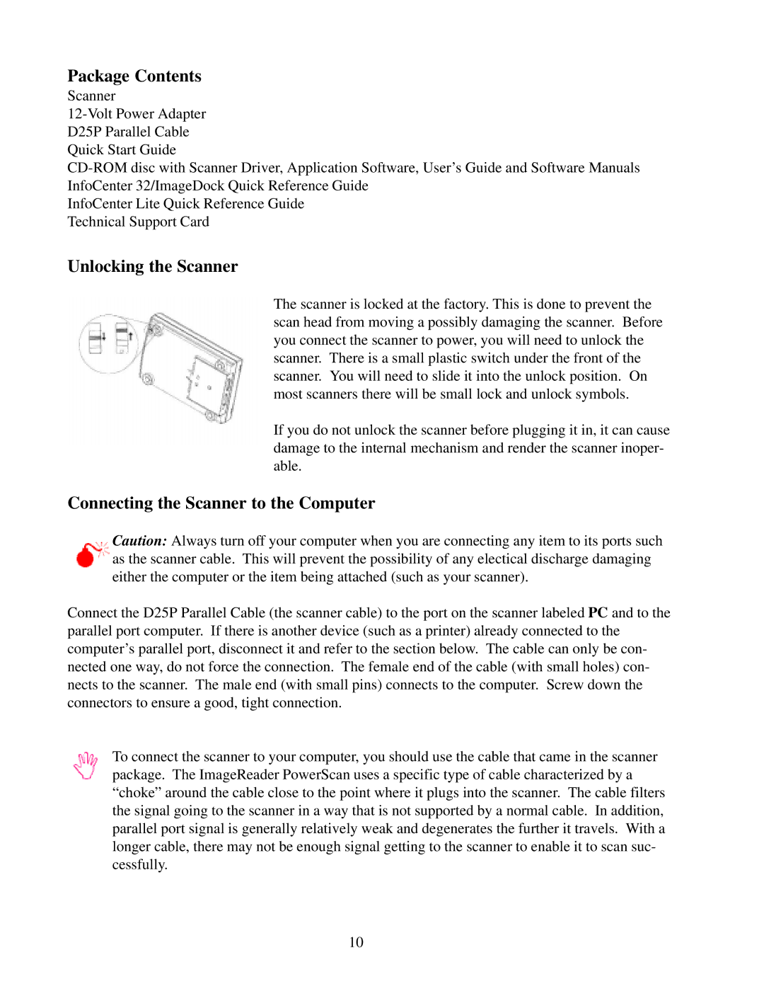 IBM Ricoh FB750 manual Package Contents, Unlocking the Scanner, Connecting the Scanner to the Computer 