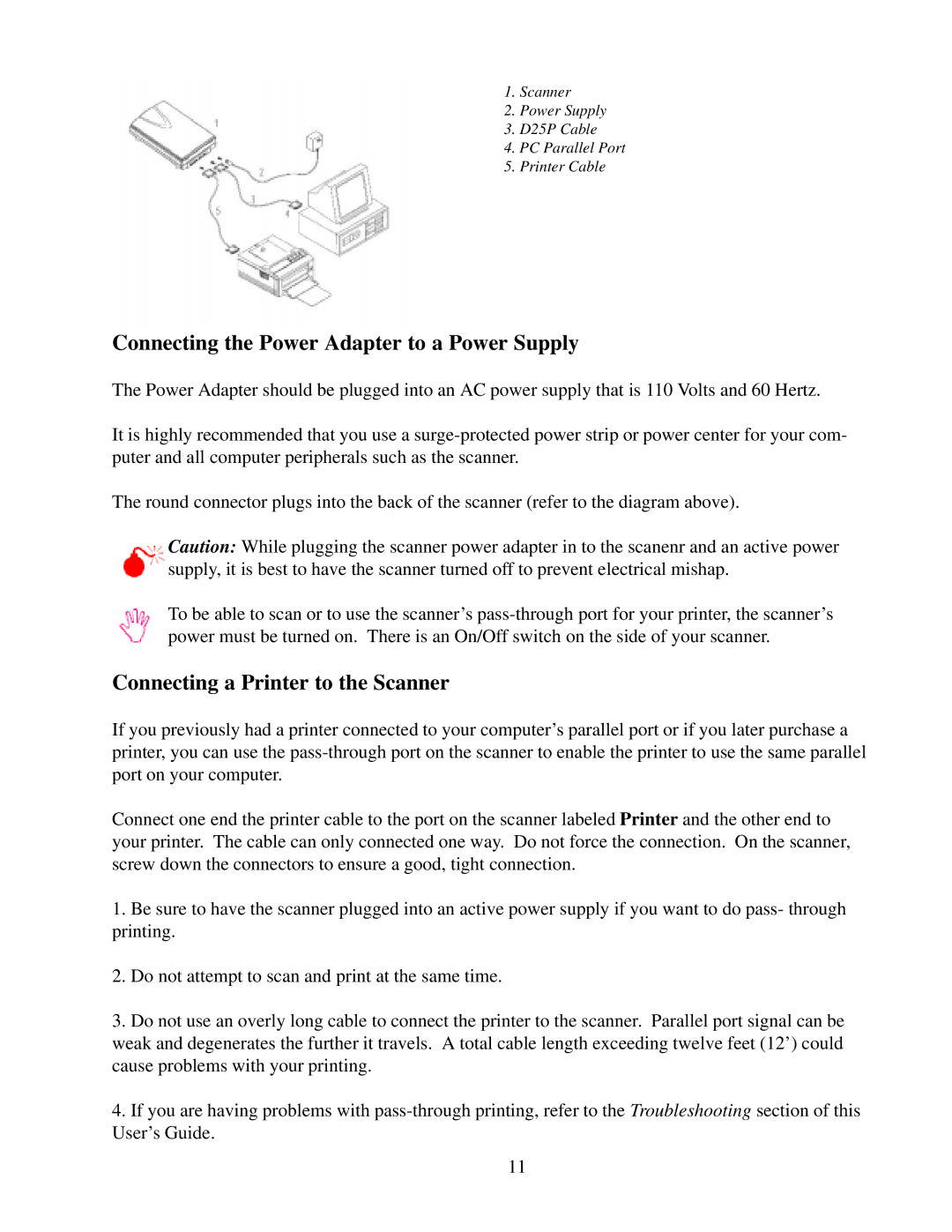 IBM Ricoh FB750 manual Connecting the Power Adapter to a Power Supply, Connecting a Printer to the Scanner 