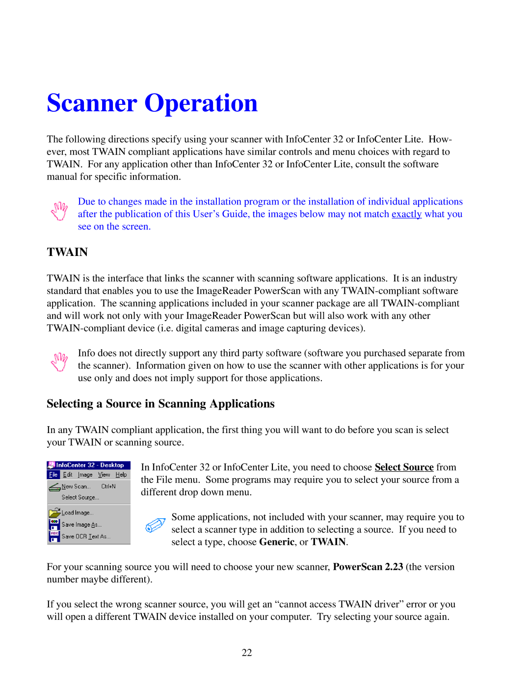 IBM Ricoh FB750 manual Scanner Operation, Selecting a Source in Scanning Applications 