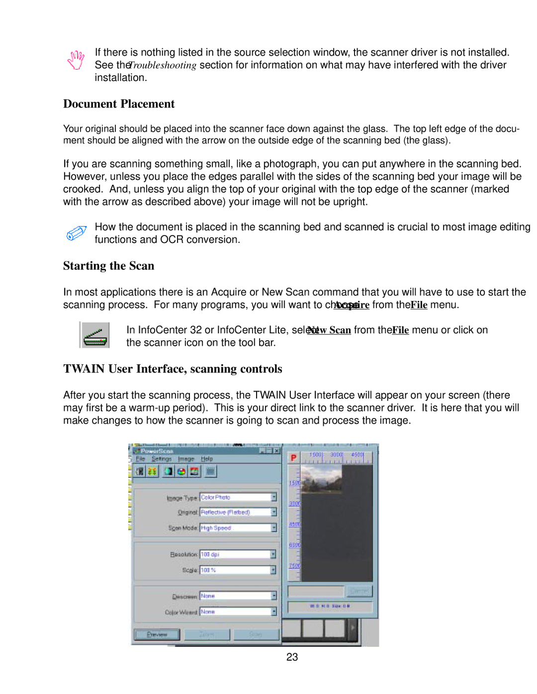 IBM Ricoh FB750 manual Document Placement, Starting the Scan, Twain User Interface, scanning controls 