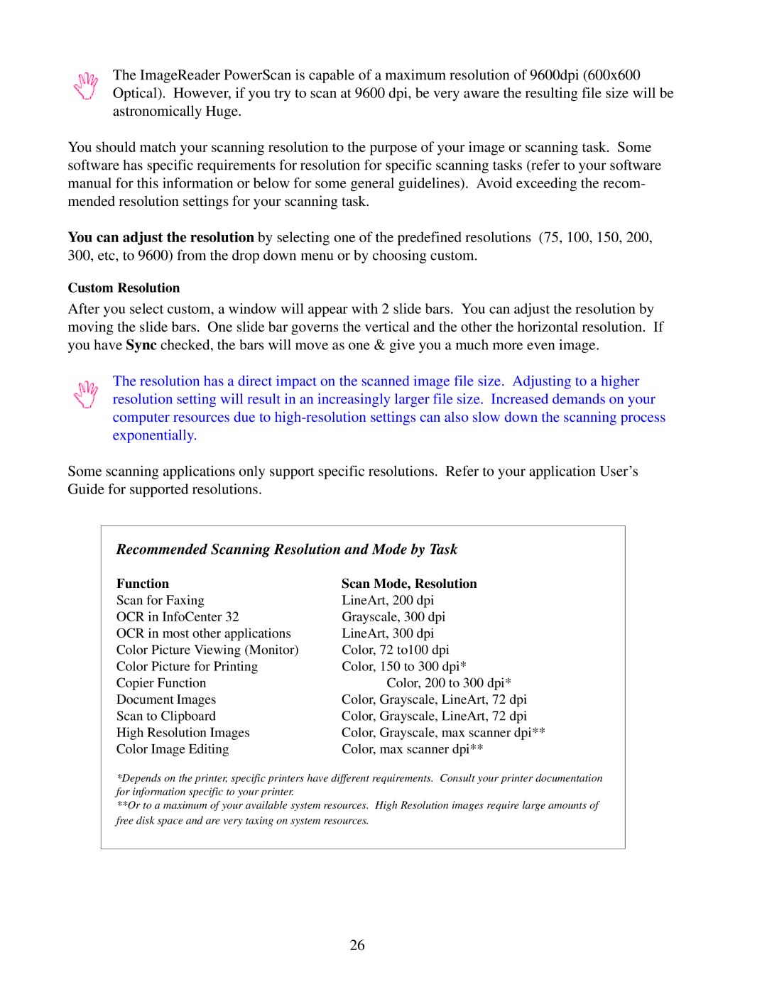 IBM Ricoh FB750 manual Recommended Scanning Resolution and Mode by Task, Function 