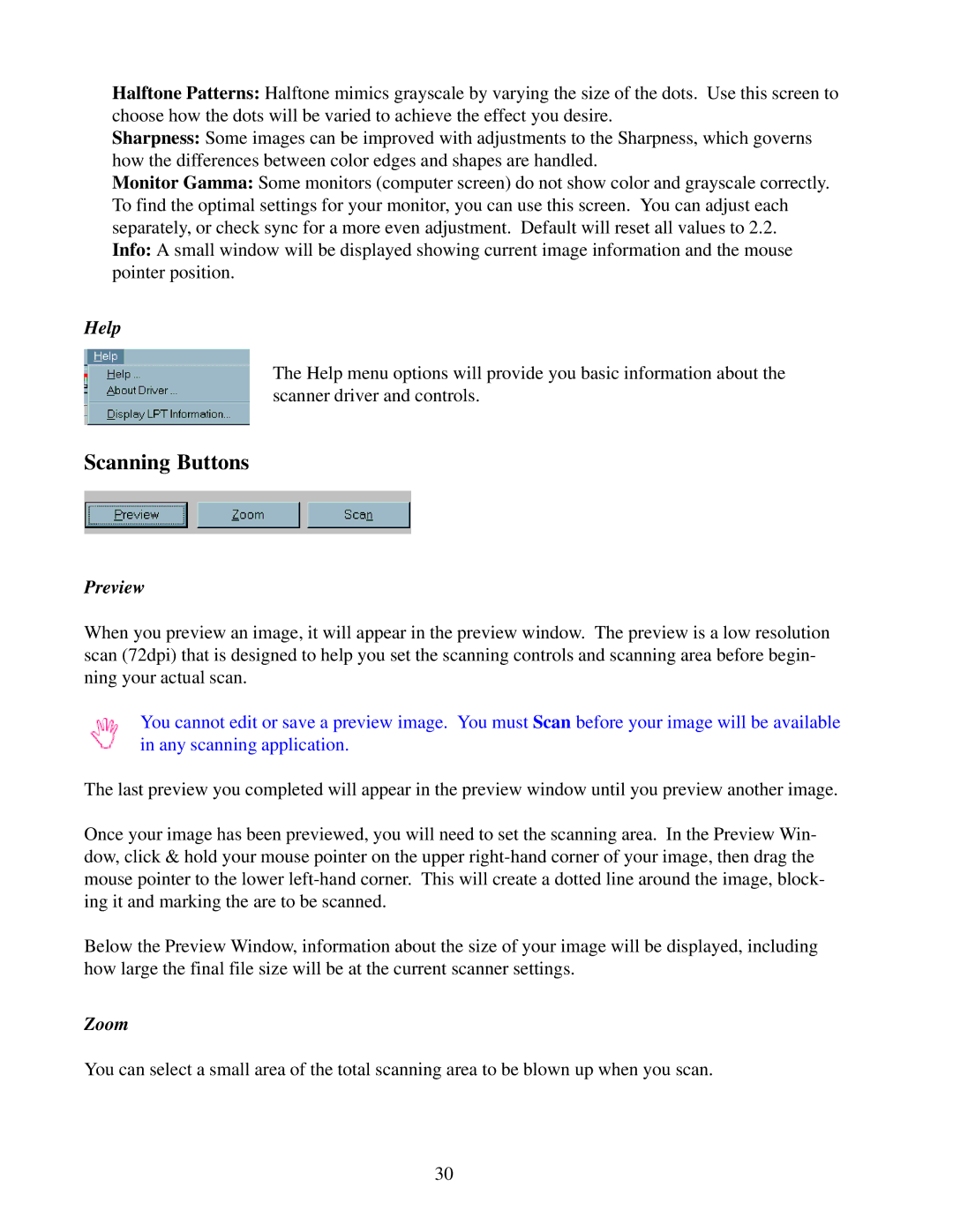 IBM Ricoh FB750 manual Scanning Buttons, Help, Preview, Zoom 