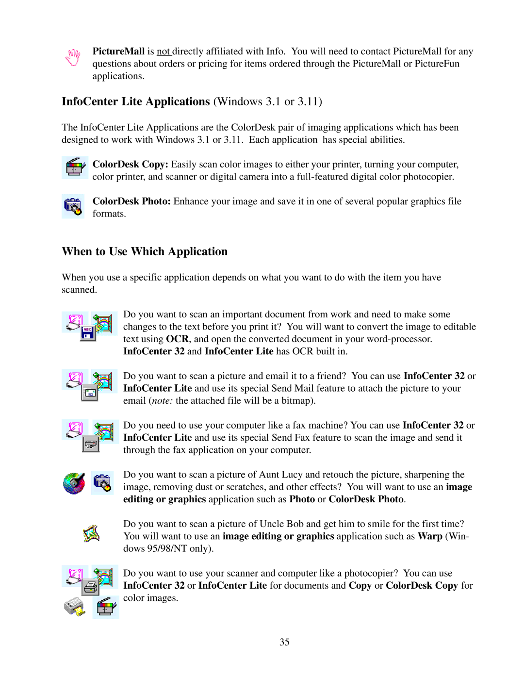 IBM Ricoh FB750 manual InfoCenter Lite Applications Windows 3.1 or, When to Use Which Application 