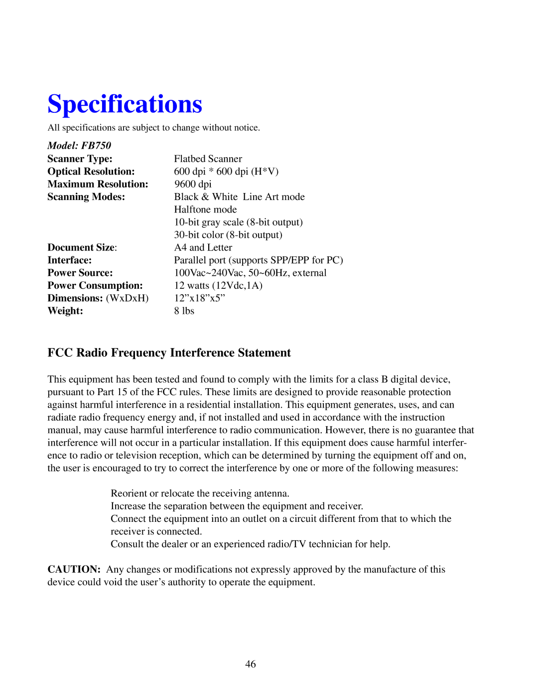 IBM Ricoh manual Specifications, FCC Radio Frequency Interference Statement, Model FB750 